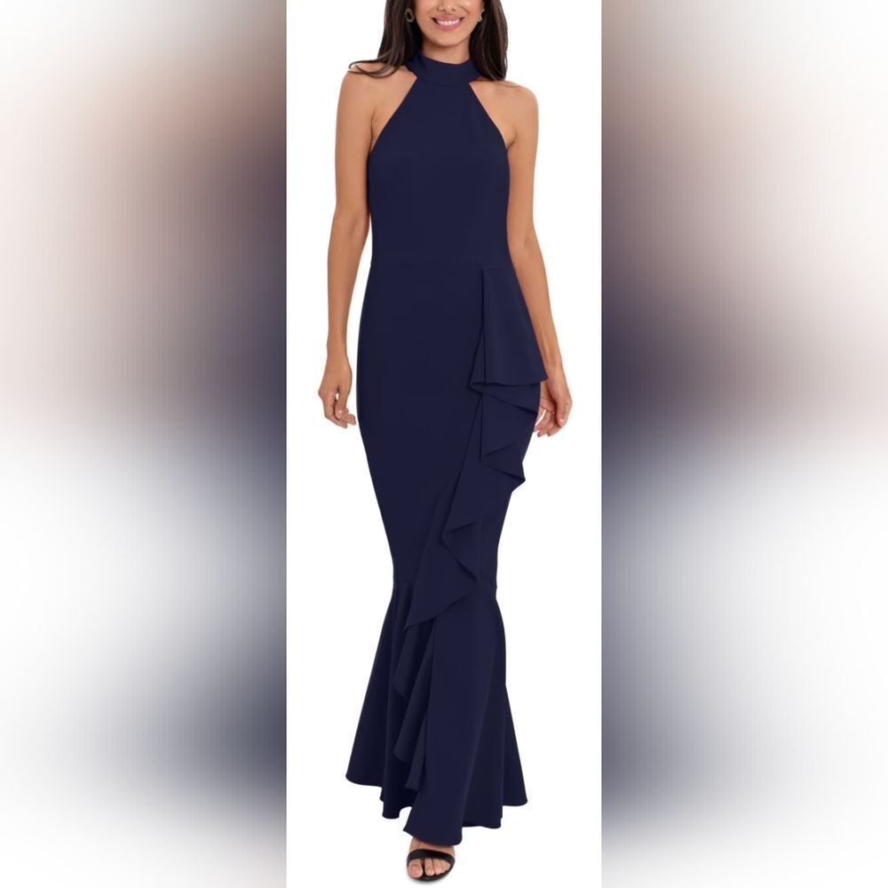 Betsy & Adam High-Neck Ruffle-Detail Slit-Hem Gown Nwt Size 8 Navy Blue